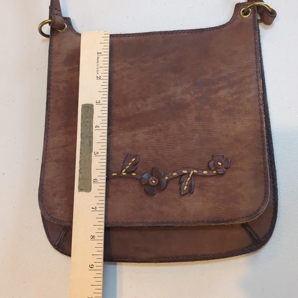 Vintage,Rolfs, Brown Floral Applique Slim Leather Crossbody Bag